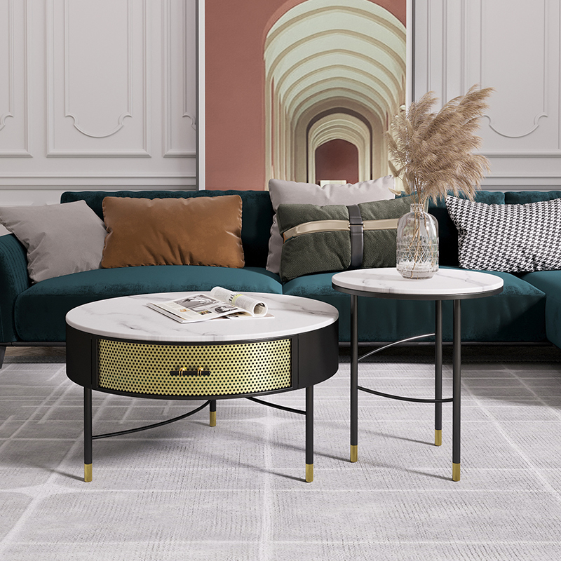 网红北欧轻奢岩板沙发茶几简约现代客厅小户型家用圆形小边几桌
