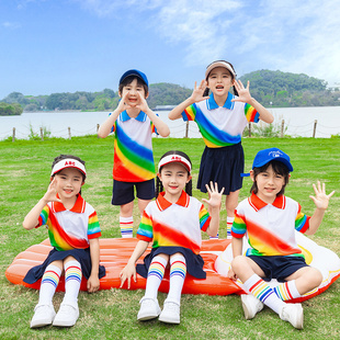 校服套装小学生夏季短袖幼儿园园服儿童运动会彩虹班服拉拉队操服
