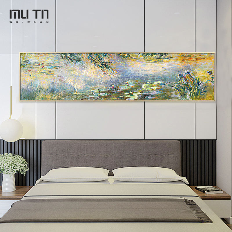 牧庭手绘油画卧室床头睡莲挂画美式客厅背景墙壁画欧式装饰画定制
