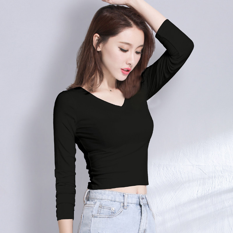 黑色长袖v领t恤女紧身高腰露脐短款上衣春秋2021年新款内搭打底衫