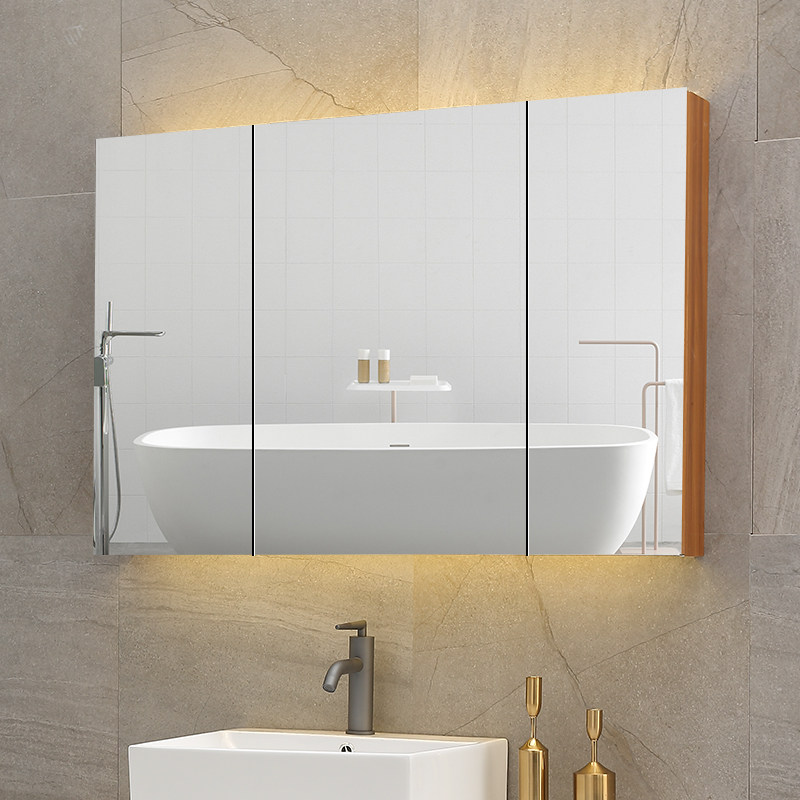 浴室镜柜挂墙式太空铝卫生间厕所镜箱带led灯中式黄柚木纹镜子柜