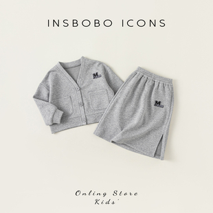 INSbobo女童套装2024春装新款时尚韩版儿童开衫半裙两件套洋气