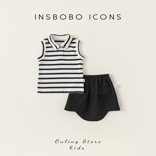 INSbobo女童夏装两件套休闲条纹儿童无袖POLO衫个性简约女宝套装