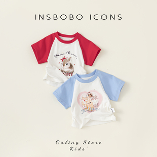 INSbobo女童T恤短袖2024新款童趣印花儿童插肩袖T恤洋气女孩上衣
