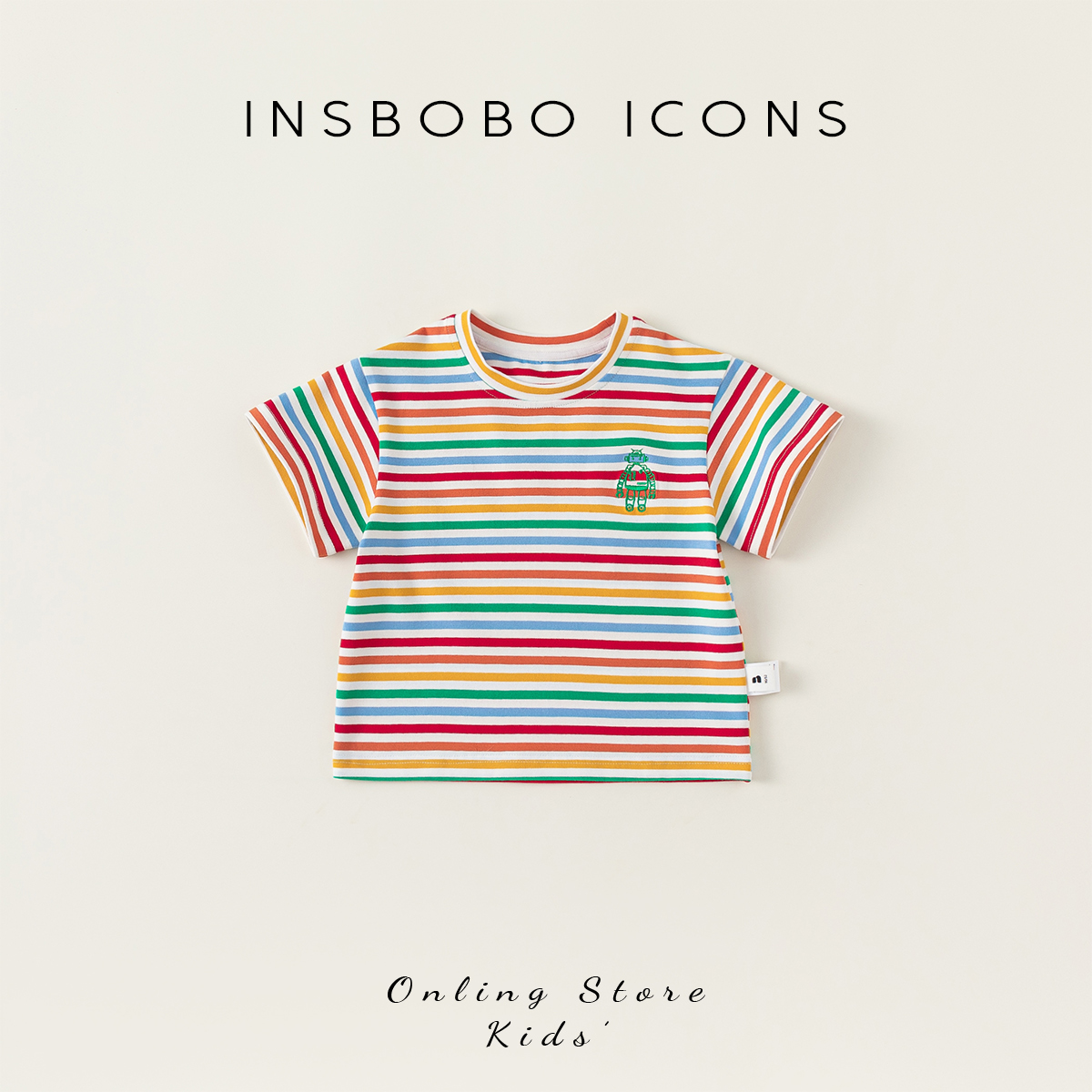 童装儿童短袖T恤彩虹条纹女童夏装上衣时髦洋气INSbobo男童短袖t