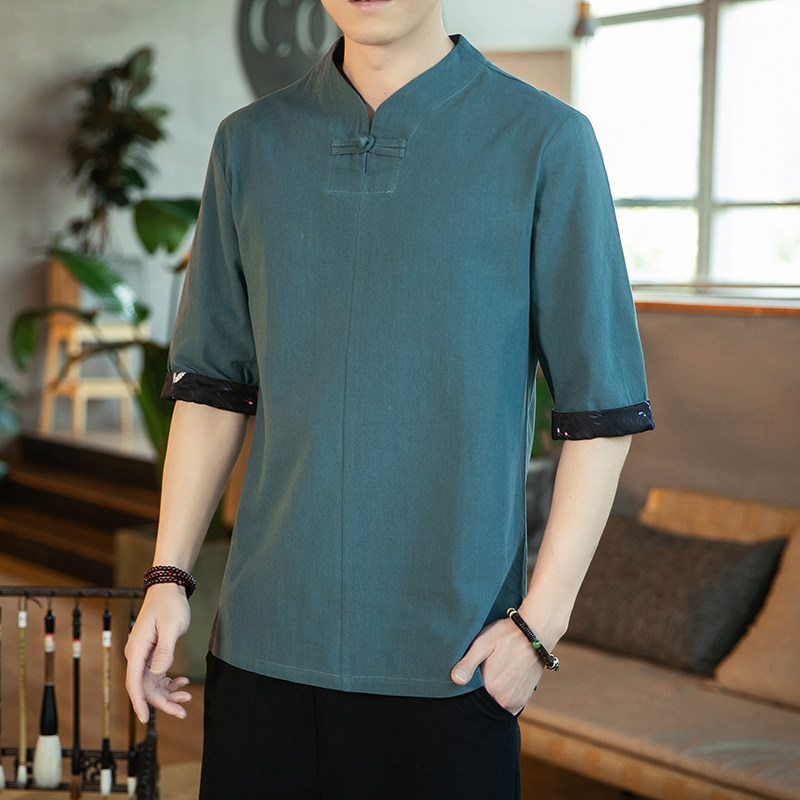 中国风男装大码短袖t恤复古中式唐装棉麻t恤夏季休闲宽松茶服半袖