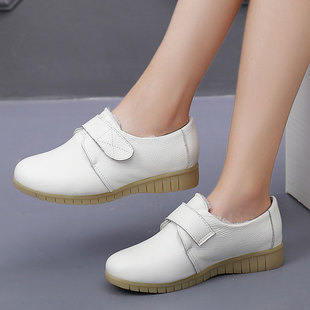 2022年牛筋底医护士鞋白色真皮软底平跟工作鞋女冬季加绒保暖棉鞋