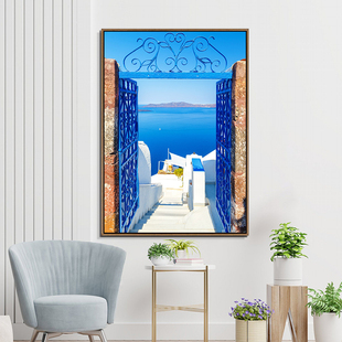北欧风格客厅地中海小清新壁挂画圣托里尼大海风景餐厅晶瓷装饰画