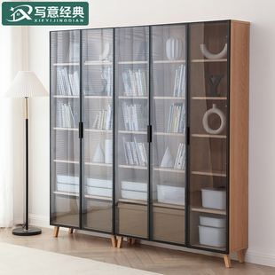实木书柜书架组合简约现代书房家具防尘置物柜客厅带玻璃门展示柜
