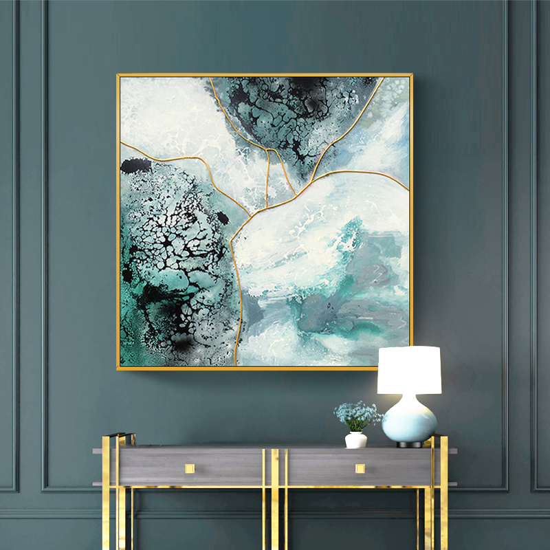 手绘抽象油画客厅现代简约墨绿金线抽象天空北欧客厅幅装饰画