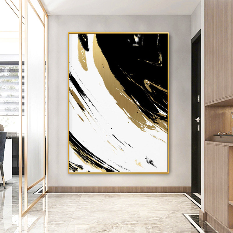 手绘金箔油画 黑白抽象画 现代玄关轻奢装饰画大幅别墅简美挂画
