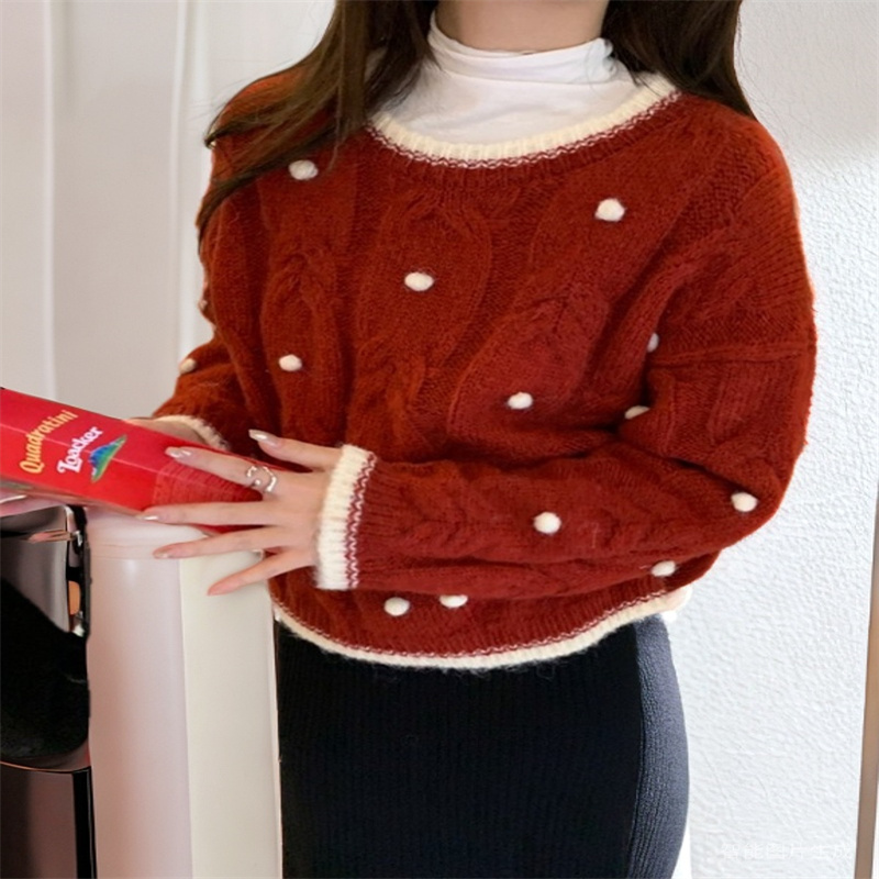 新款2023秋冬季圣诞风设计感立体毛球复古圆领麻花长袖针织毛衣女