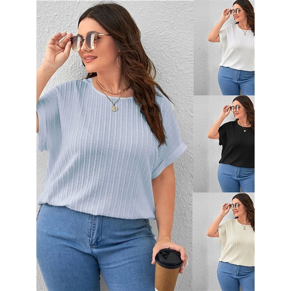 Women's summer large size solid colour short-sleeved T-shirt