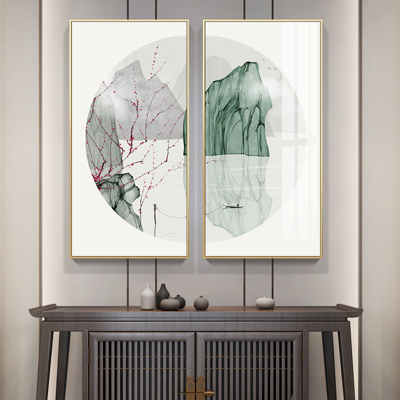 中国风半圆组合玄关书房挂画新中式客厅装饰画双联山水餐厅背景画