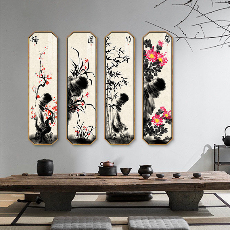 新中式客厅装饰画八边形四条屏挂画中国风梅兰竹菊背景墙壁画花鸟-mc