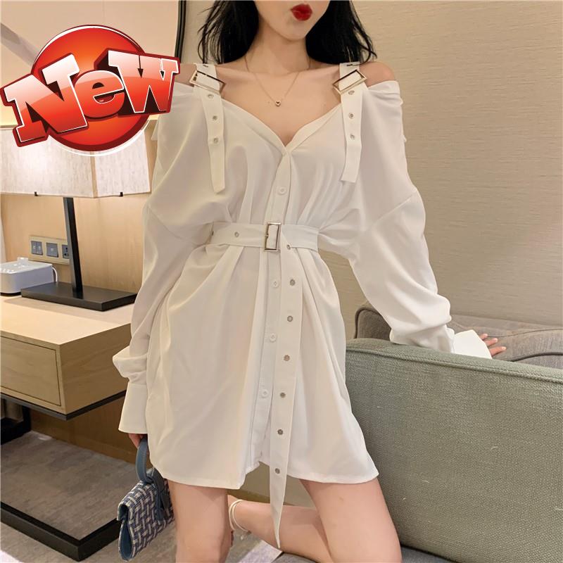 2019夏季新款韩版露d肩吊带长袖衬衣宽松收腰中长款衬衫上衣女装|ruв категории Женская одежда, рубашка - от Buy2taobao.com для оказания профессиональной услуги покупки агента Taobao