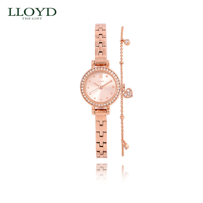 lloyd官方正品 玫瑰金镶钻金属手表搭配爱心手链 品牌限定款腕表