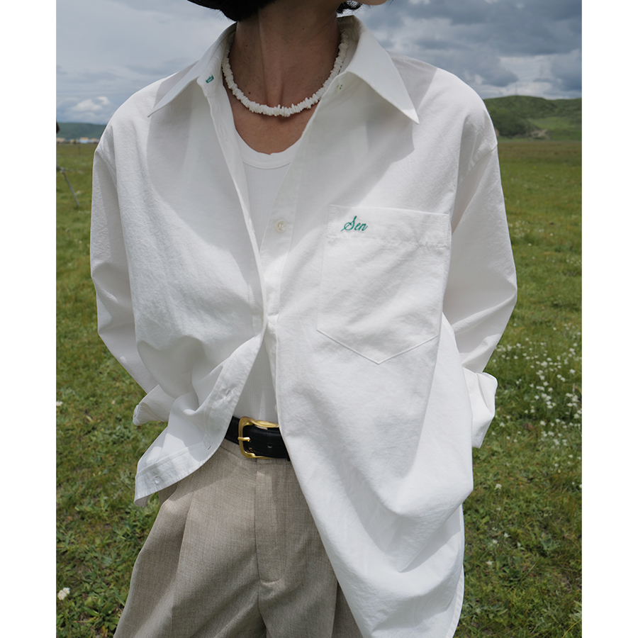 三所vintage safari系列抗皱刺绣宽松boylish白衬衫长袖通勤女秋