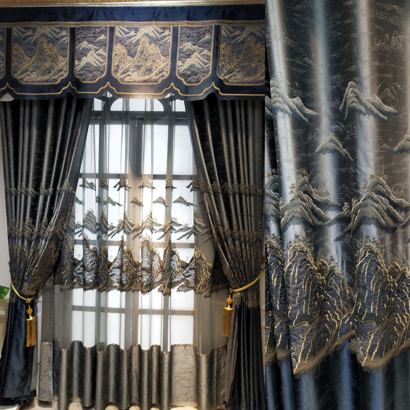 热销山水画窗帘_新款灰色高档新中式山水画窗帘别墅客厅卧室阳台遮光