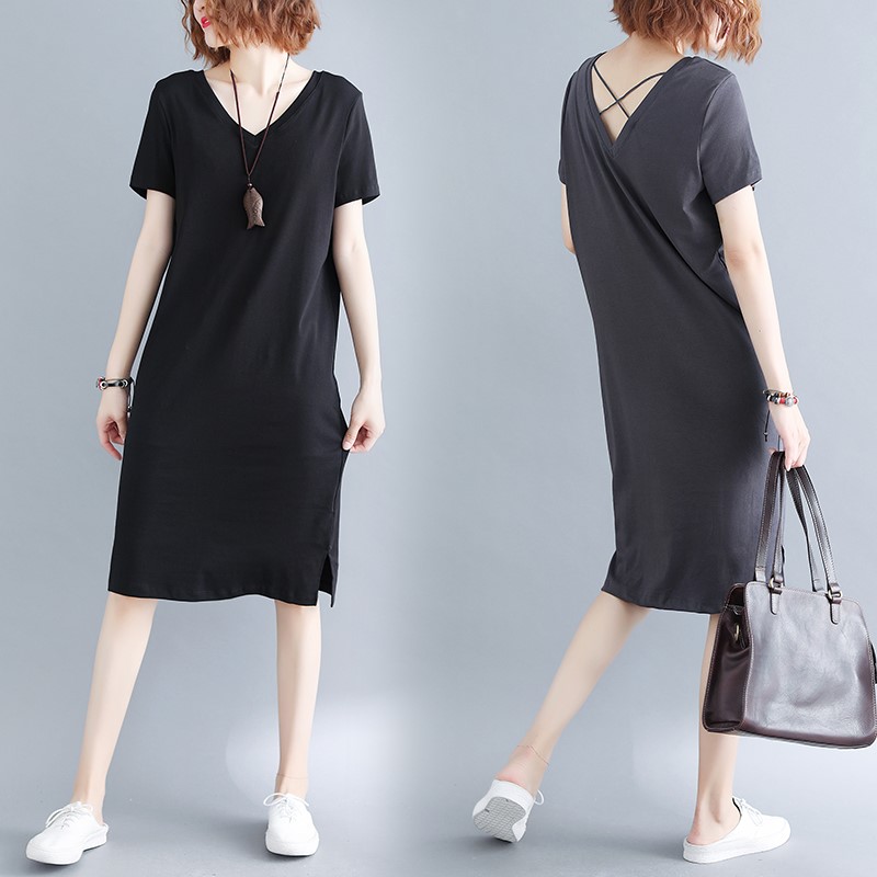 大码女装200斤胖MM夏装韩版交叉绑带露背V领中长款T恤连衣裙显瘦在类目 女装/女士精品, 大码女装中 - 来自Buy2taobao.com提供专业的淘宝代购服务