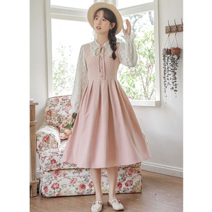 假两件长袖连衣裙女秋季2023新款粉色高级感法式桔梗气质收腰裙子