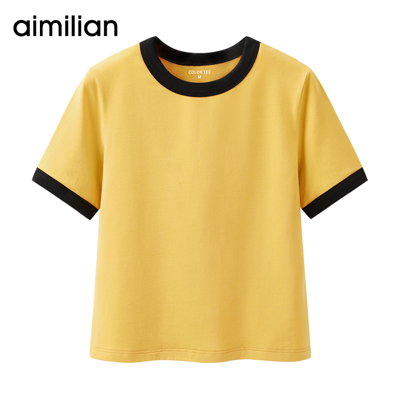 艾米恋撞色短袖t恤女装纯棉夏季黄色新款白色体恤宽松bm短款上衣