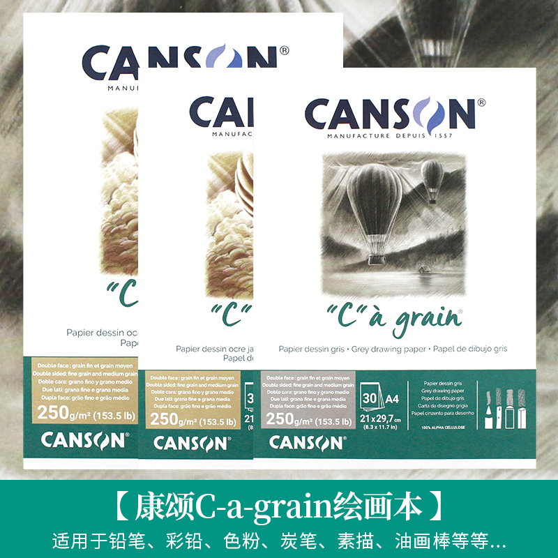 法国康颂canson绘画本A4有色素描纸学生用彩色粉纸专业炭笔手绘本A3加厚美术生专用彩色铅笔本250g便携铅画纸