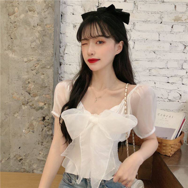 上镜好看的衣服上衣直播女装甜美主播服清纯网红超仙网纱拼接衬衫