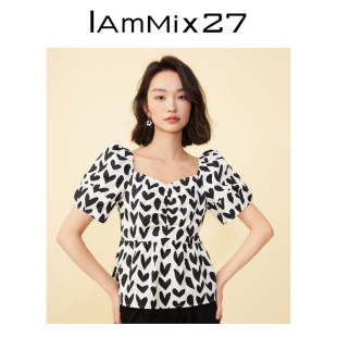 IAmMIX27短袖衬衫女青春减龄个性撞色爱心印花方领泡泡袖套头衫女