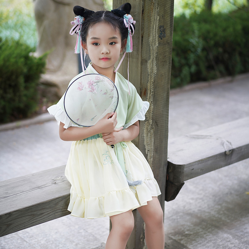 特价儒裙_总角汉服童装 采莲 原创绣花交领褶裙套装改良晋儒中国风