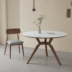 意式亮光岩板餐桌家用小户型现代简约8人侘寂风带转盘实木圆形桌