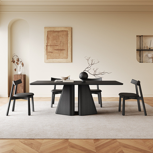 实木餐桌法式复古风家用2024新款长方形意式极简黑色实木岩板餐桌