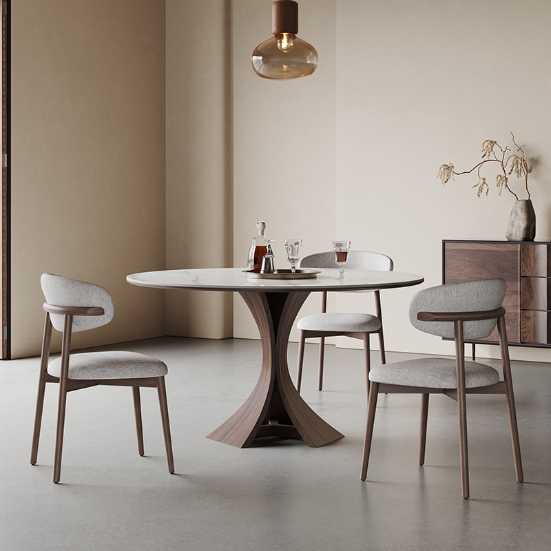 北欧实木餐桌圆形带转盘6人家用现代简约意式高端亮光岩板圆餐桌