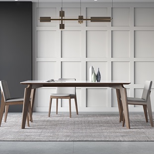 亮光岩板餐桌实木白蜡木小户型家用饭桌现代简约北欧岩板餐桌椅子