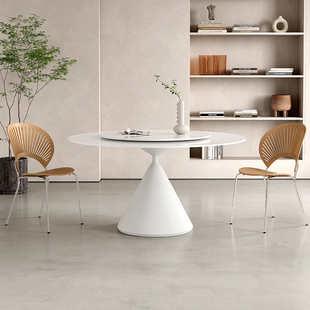 网红奶油风圆桌纯白岩板哑光面带转盘家用现代简约华尔兹圆形餐桌