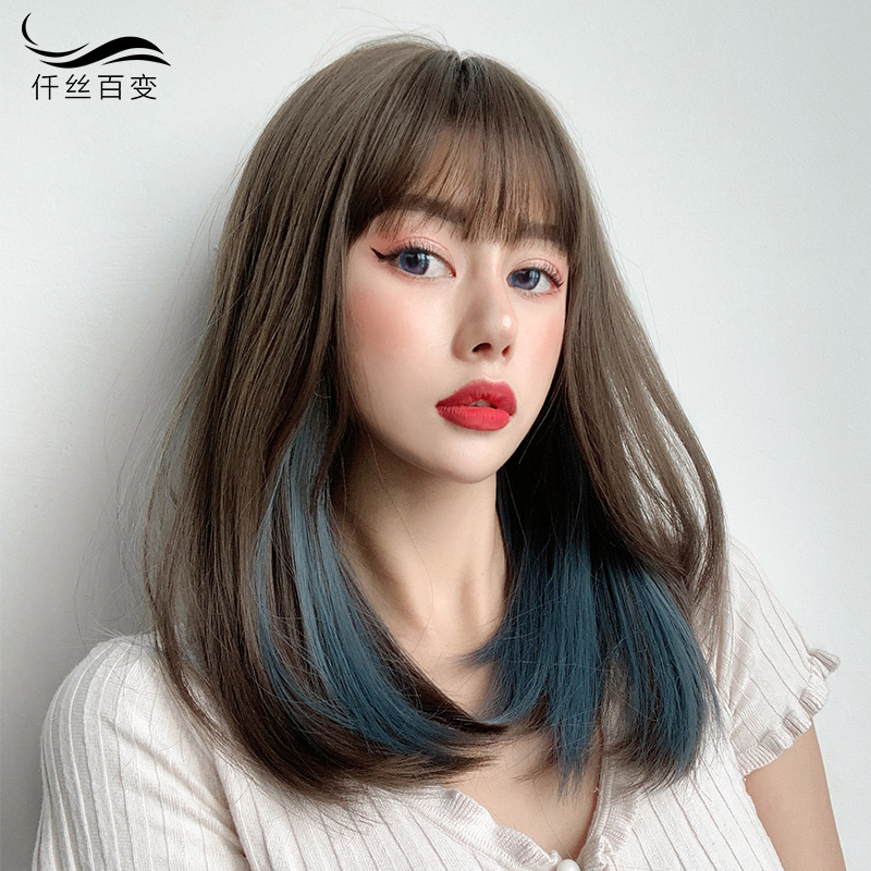 假发女中长锁骨发 韩式发型自然内扣冷棕挑染蓝色圆脸