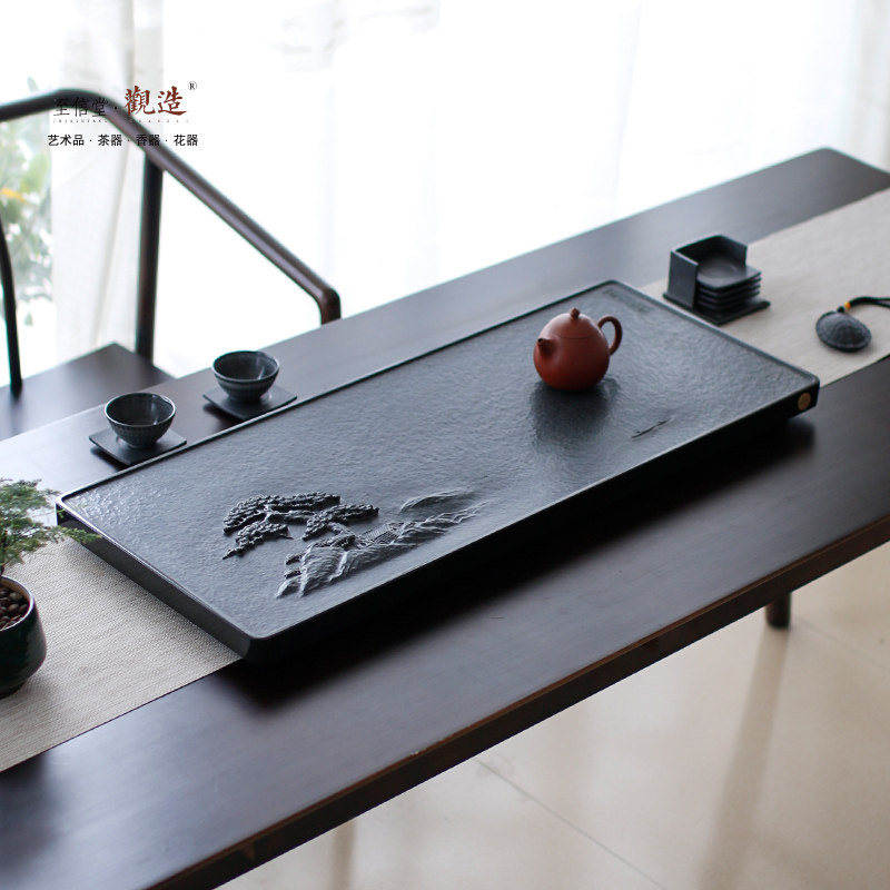 观造手工天然乌金石茶盘石头茶台简约黑金石茶海家用石材茶具套装