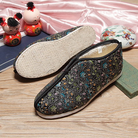 步隆升手工千层底老北京布鞋女妈妈孕妇鞋加厚鸡冠花锦缎棉鞋女