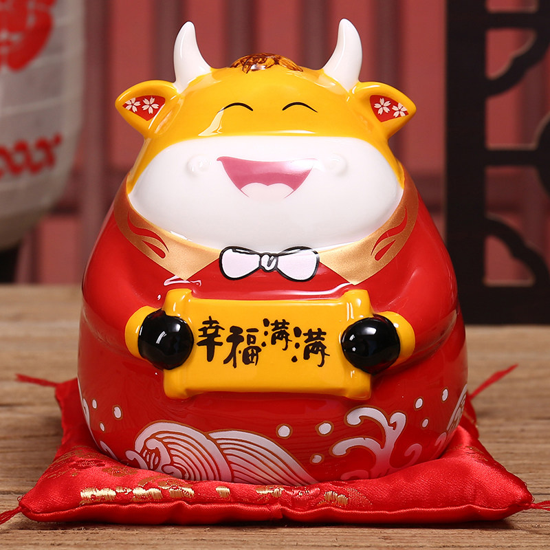 牛年吉祥物发财牛摆件小号桌面装饰陶瓷储蓄罐公司奖品2021新品