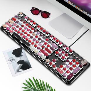 网红口红机械键盘鼠标套装有线糖果圆键无线复古笔记本电脑台式青轴游戏可爱少女心樱桃粉红色办公打字外接