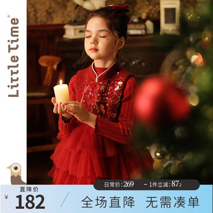 littletime女童红色连衣裙新年服春秋国风背心裙礼服裙儿童公主裙