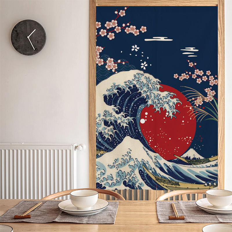 日式门帘半帘隔断帘厨房加厚棉房间客厅免打孔暖帘日系半截海浪图