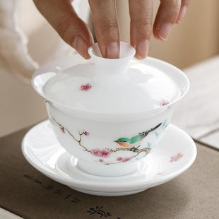 高端手绘三才盖碗茶冰种玉瓷白瓷敬茶碗功夫茶具单个白瓷盖碗
