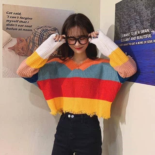 早秋新款韩版宽松学院风针织衫女彩虹条拼色流苏边学生短款毛衣女|ruв категории Женская одежда, свитер - от Buy2taobao.com для оказания профессиональной услуги покупки агента Taobao