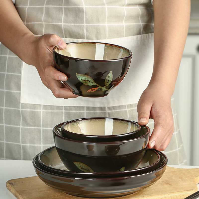陶瓷4.5寸饭碗创意手绘釉下彩菜盘汤碗平盘汤盘8寸家用微波炉餐具