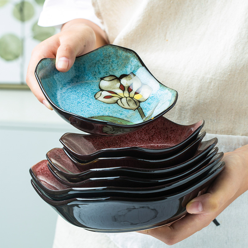 盘子小菜碟家用日式复古创意个性彩色手绘方盘水果盘高淳陶瓷餐具