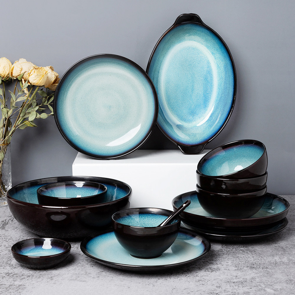 陶瓷碗碟套装家用复古4/10人窑变釉简约个性碗碟盘子组合加厚餐具