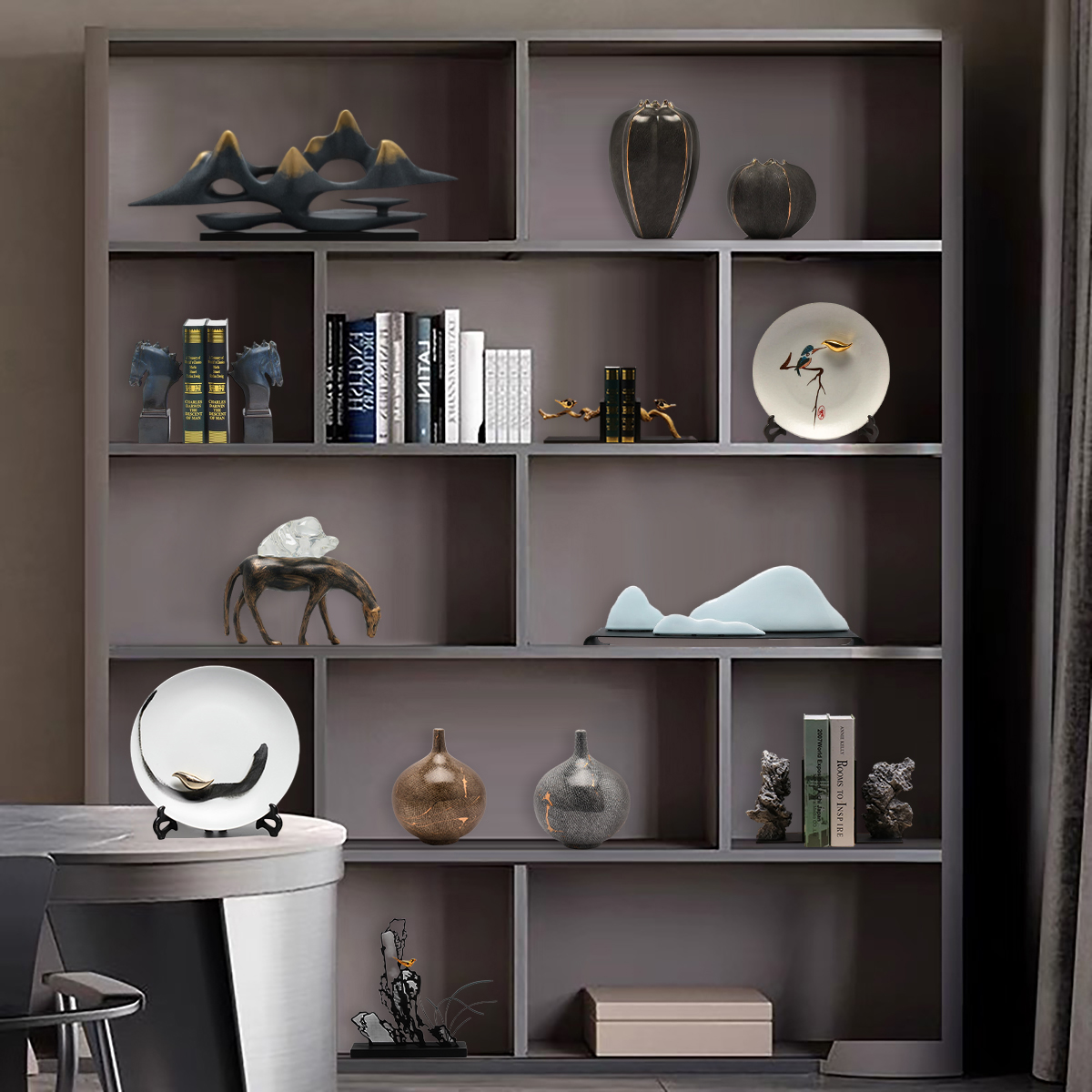 现代新中式创意客厅软装饰品搭配假山陶瓷花瓶摆件电视柜酒柜摆设