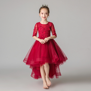 儿童礼服公主裙女童生日红色前短后长小花童主持人钢琴演出服夏季