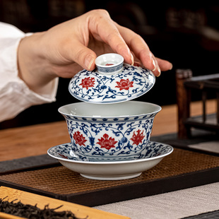 景德镇青花釉里红缠枝莲盖碗茶杯青花瓷单个陶瓷高档功夫茶三才碗